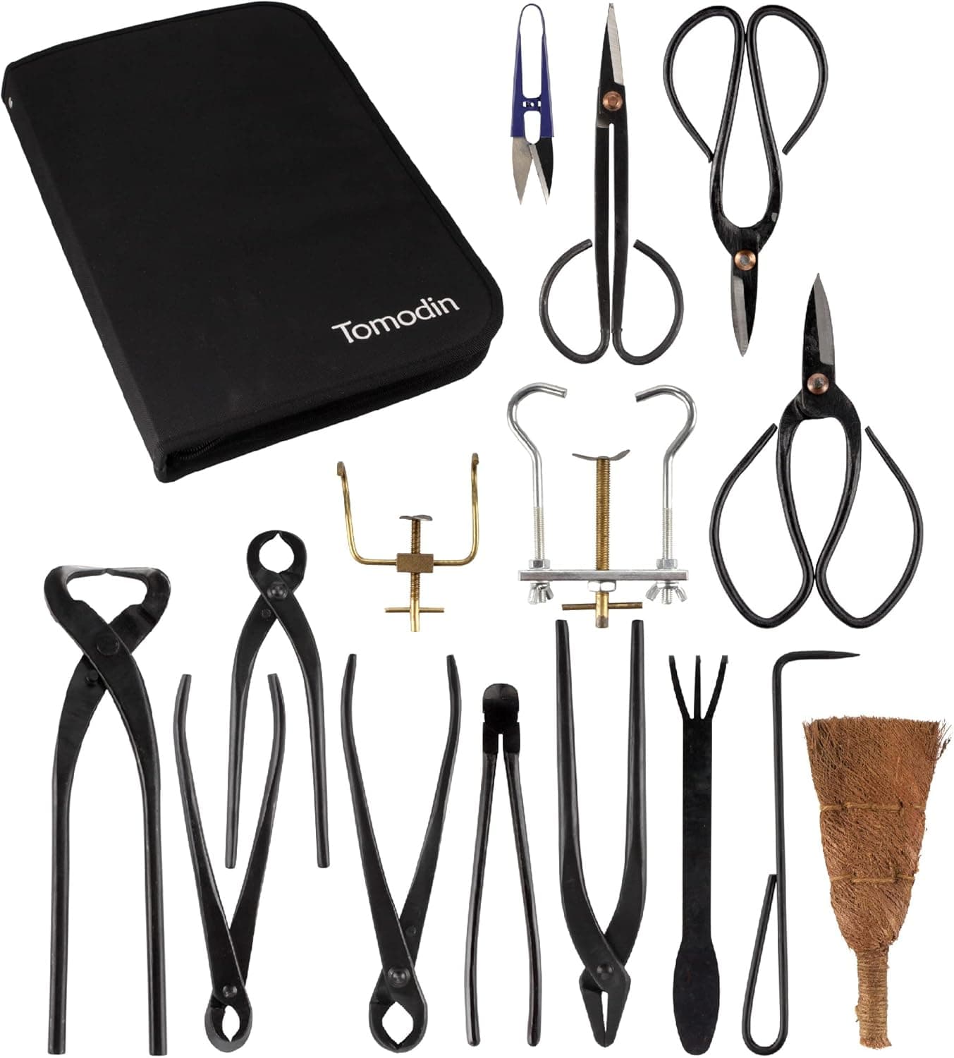 BambooMN 15 Piece Bonsai Master Tools Set with Case, Shears, Concave Cutter, Knob Cutter, Wire Cutter