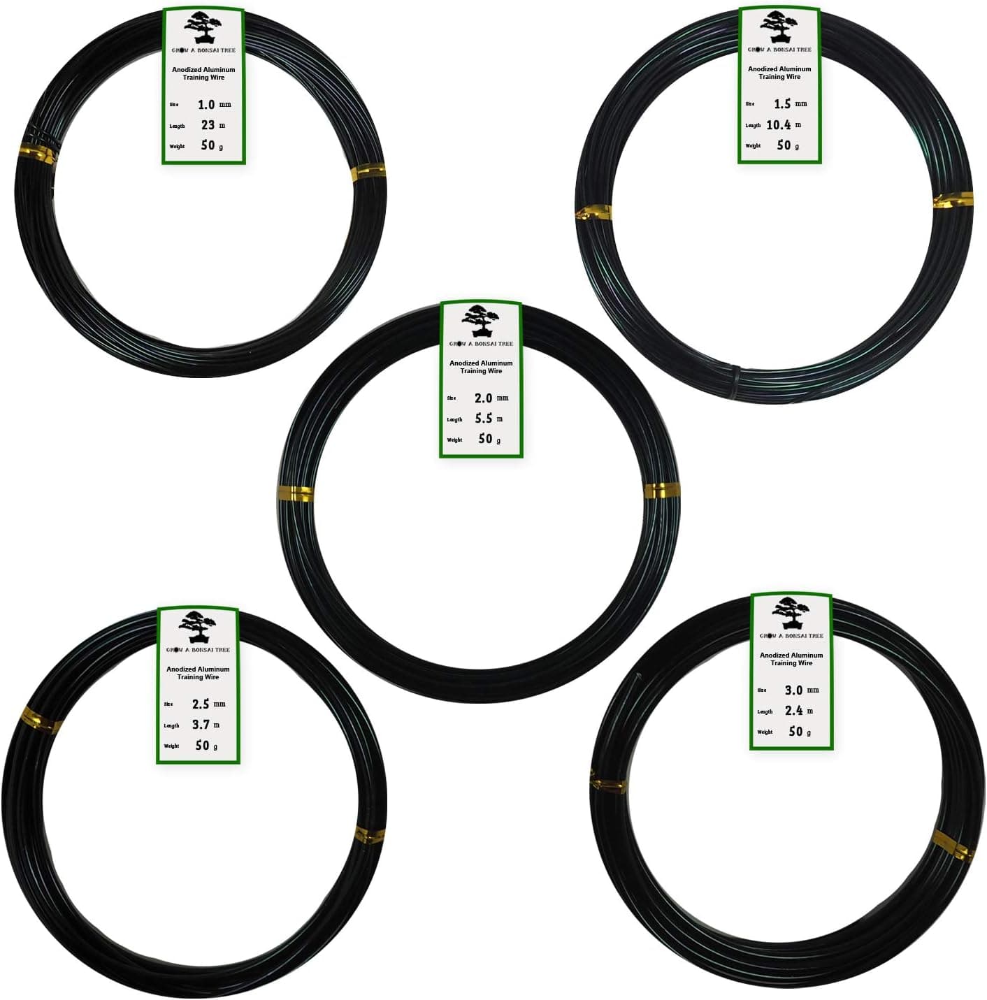 Anodized Aluminum Bonsai Training Wire 5-Size Starter Set with Canvas Bag - 1.0mm to 3.0mm, 147 Feet Total
