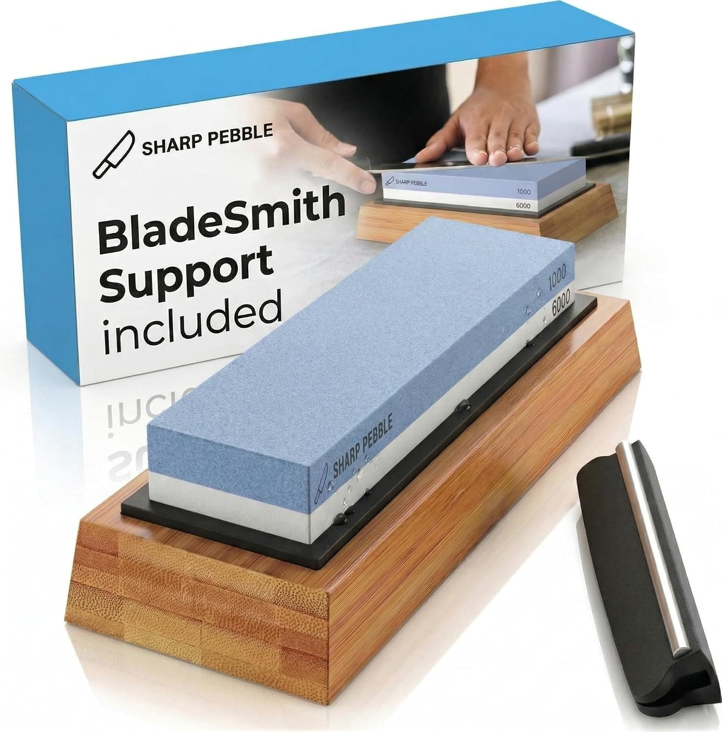 Sharp Pebble Whetstone Knife Sharpener 1000/6000 Grit Sharpening Stone with Angle Guide and Bamboo Base