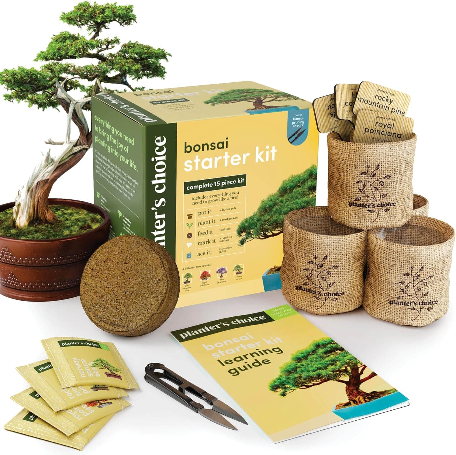 Planter's Choice Bonsai Tree Kit for Beginners and Plant Lovers - 4 Species Starter Kit with Burlap Pots, Shears, Soil Disc, Markers and Guide