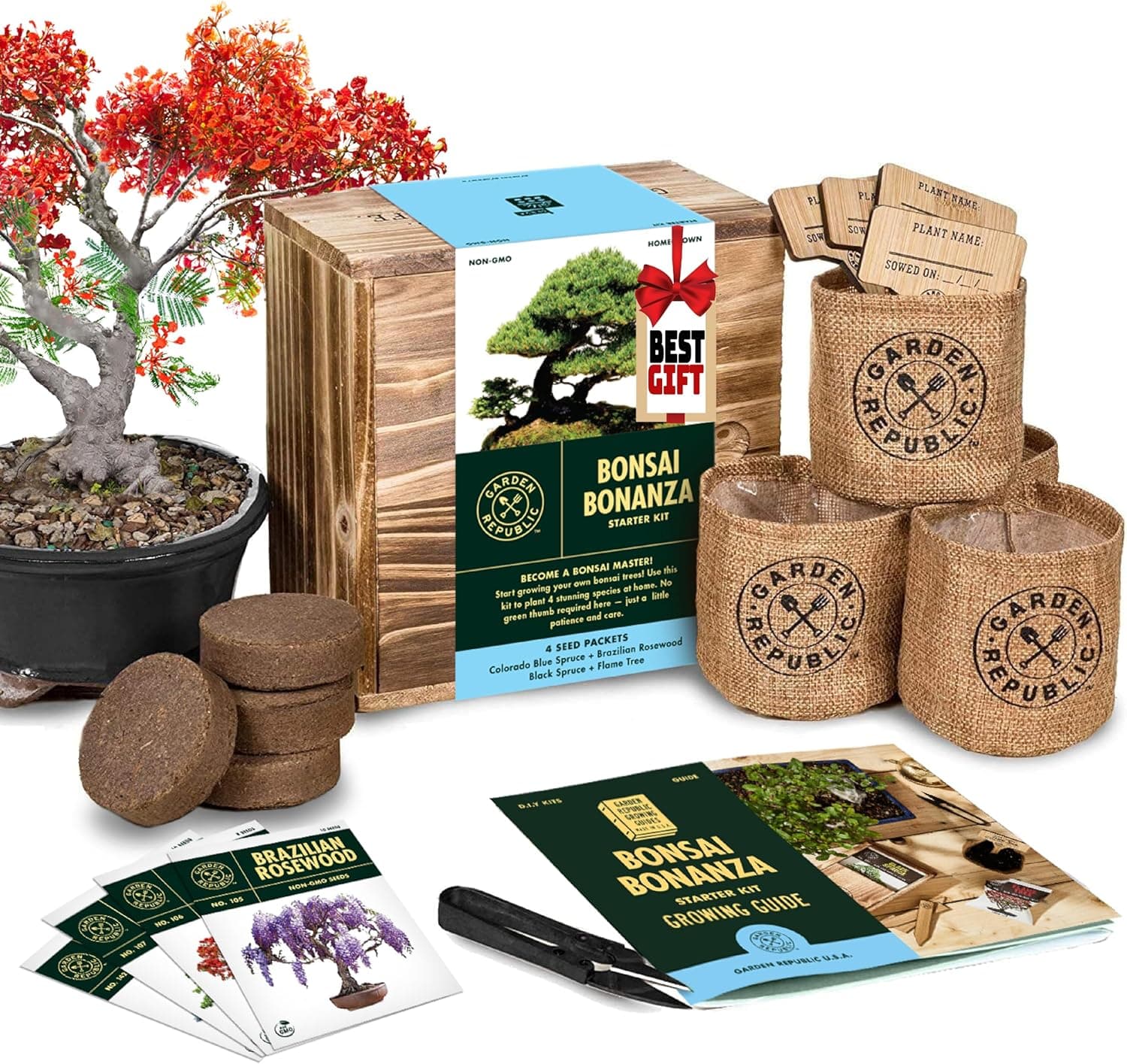 Garden Republic Bonsai Tree Kit - Mini Bonsai Seeds, 4 Types - Seed Starter Plant Growing Kit with Potting Soil, Jute Bags, Pruning Shears and Plant Markers