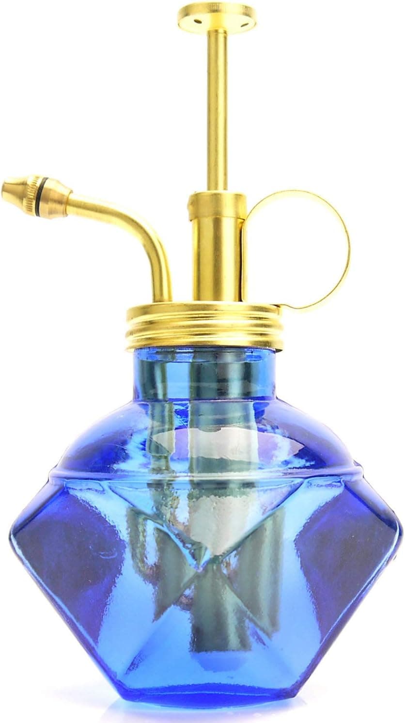 Purism Style Plant Mister - Blue Color Glass Bottle and Brass Sprayer, Matt Gold