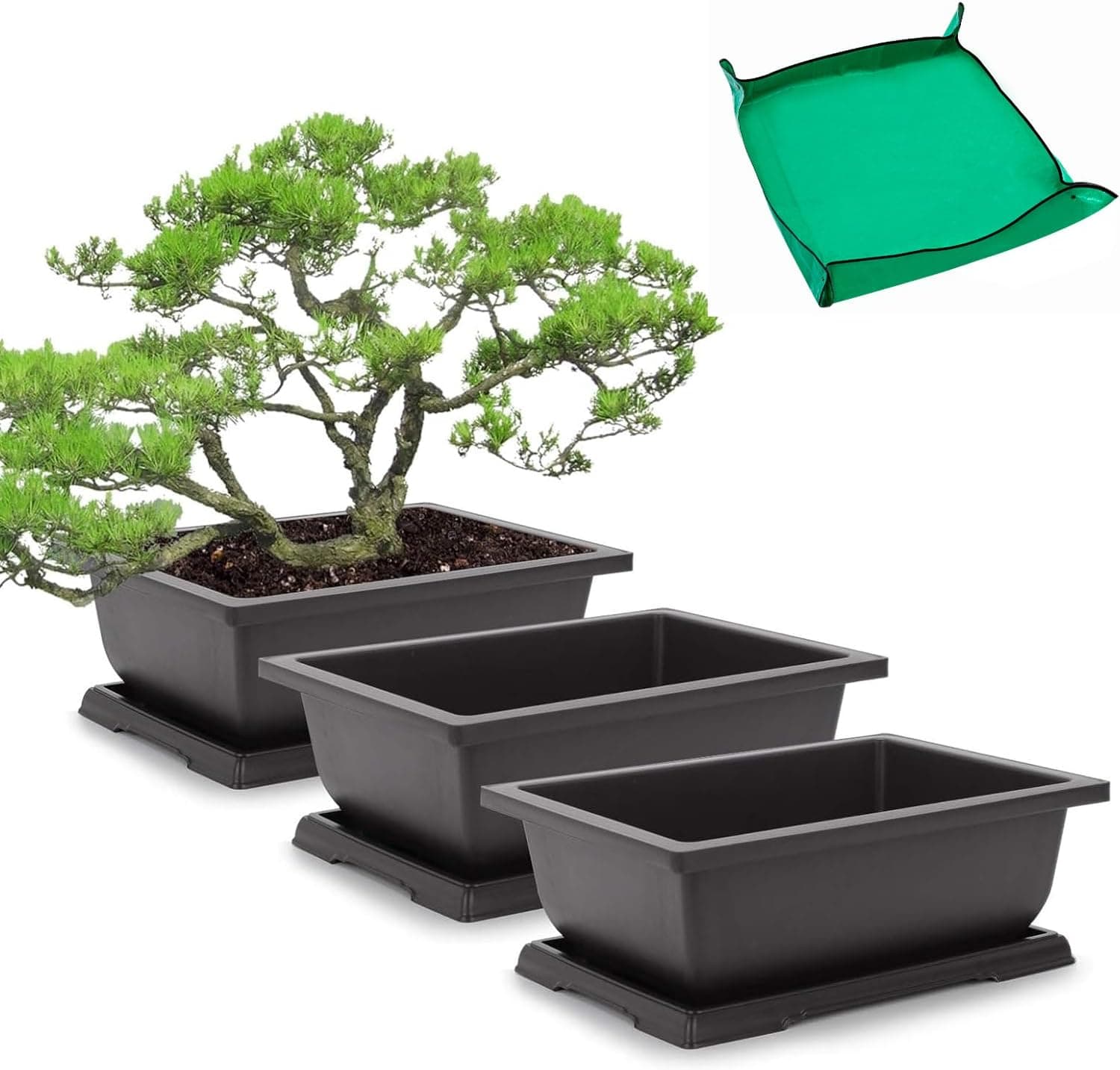 GROWNEER Bonsai Training Pots 3 Packs 9 Inch with Drainage Humidity Trays and Repotting Mat