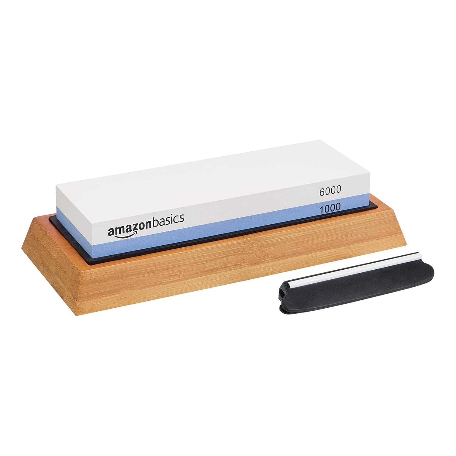Amazon Basics Whetstone Knife Sharpening Stone Double-Sided 1000/6000 Grit with Angle Guide and Bamboo Base