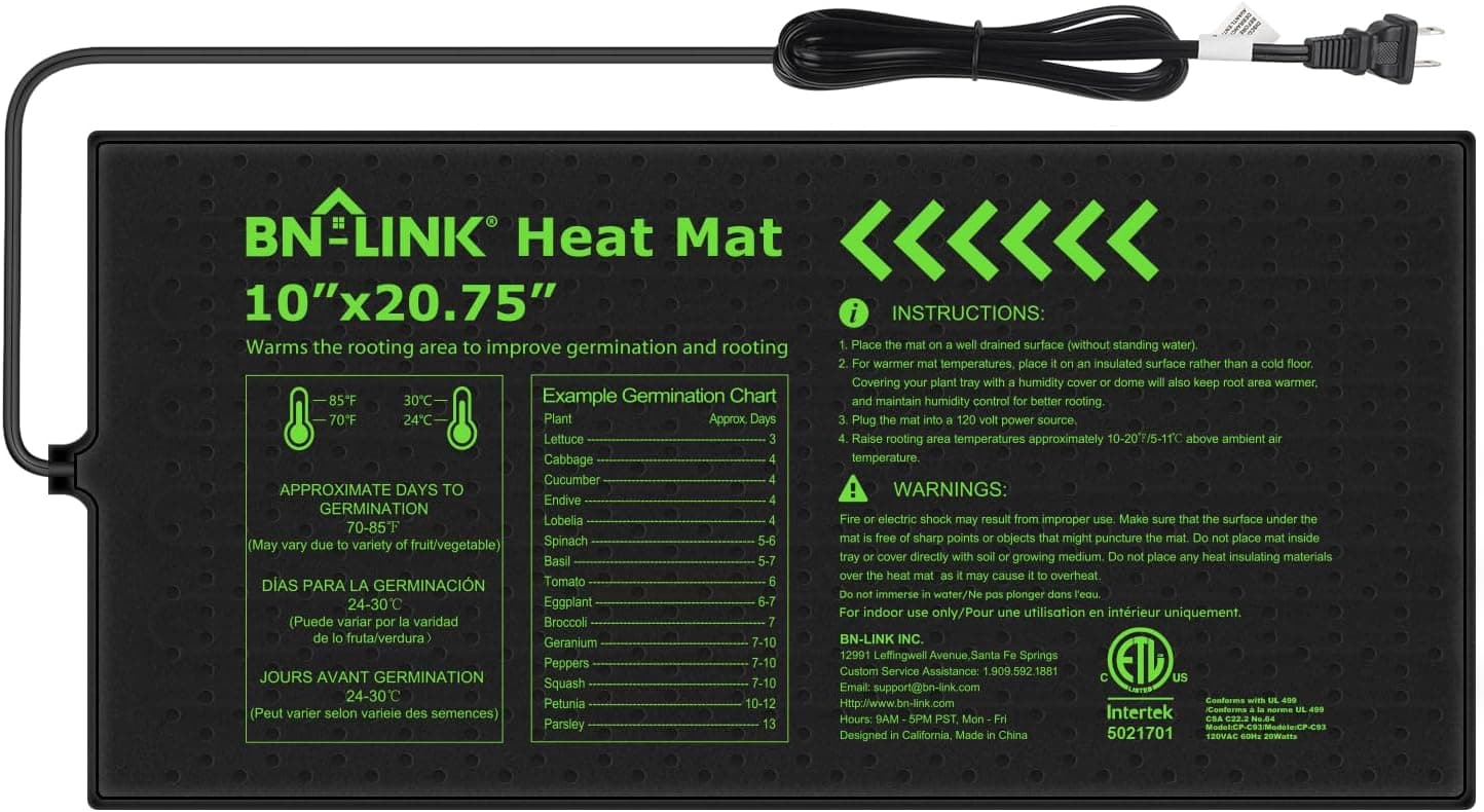 BN-LINK Durable Seedling Heat Mat 10" x 20.75", Waterproof Warming Mat Plant Heating Pad, ETL Listed