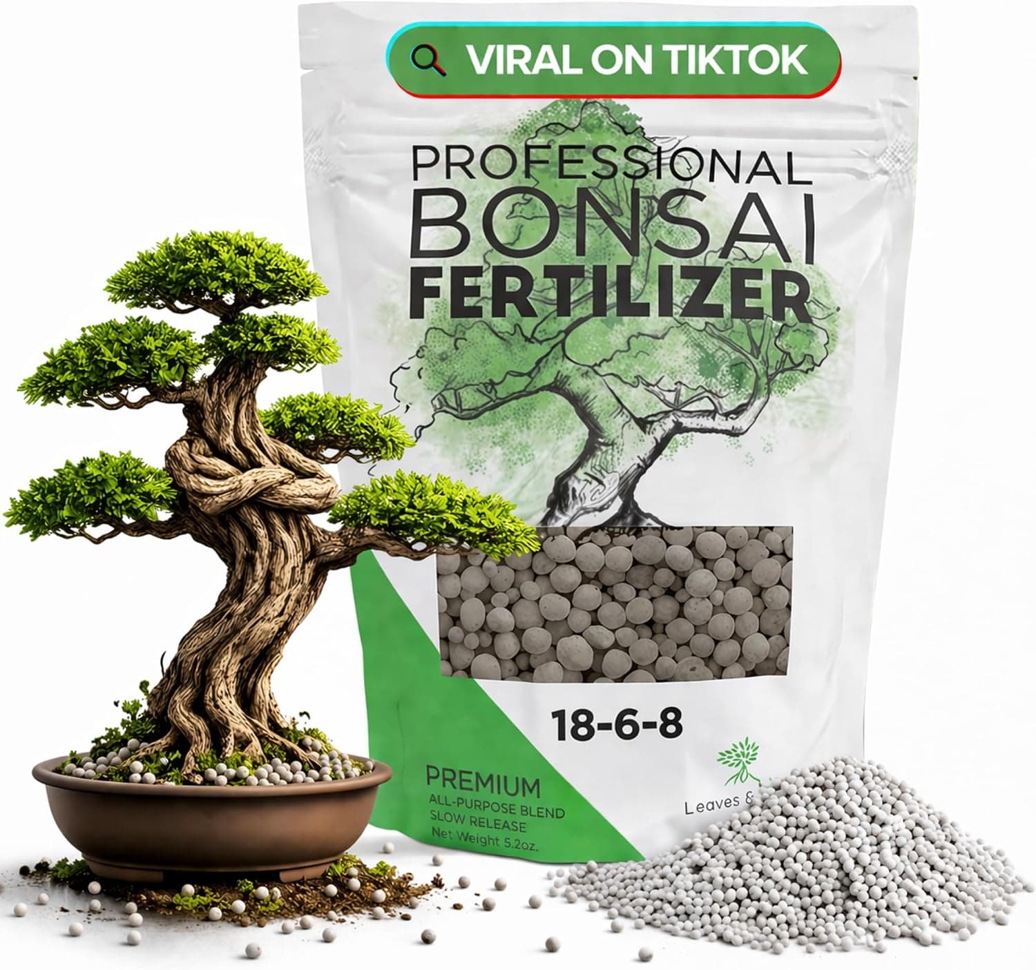 Leaves and Soul Bonsai Fertilizer Pellets 18-6-8 Slow Release Pellets for Seedlings, Mature Plants, All Tree Types, 5.2 oz