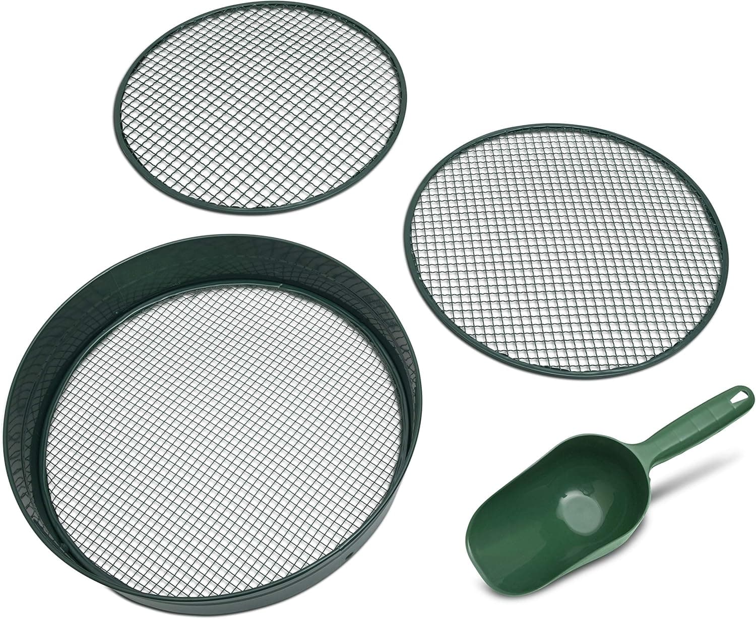 MEGYAR Metal Garden Riddle Sieve - 3 Interchangeable Mesh Sizes Soil Sifting Pan with Plastic Garden Scoop