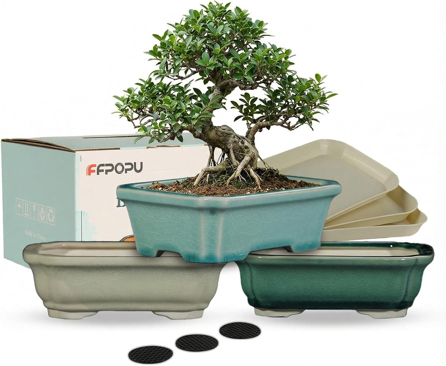 FFPOPU 3-Pack 6 Inch Ceramic Bonsai Pots with Drainage Tray, Ice Cracked Glaze Finish