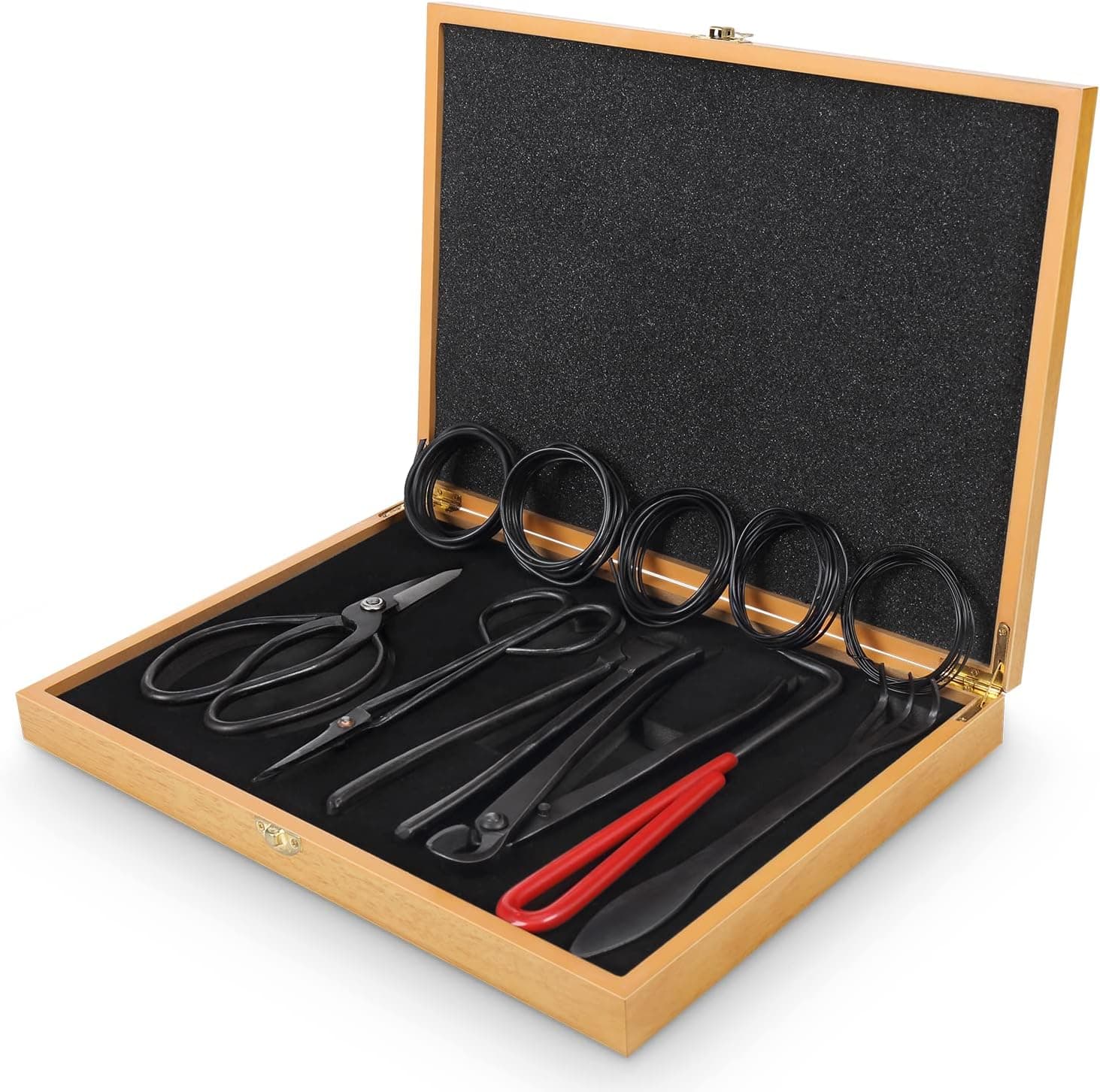 SOLIGT 12-Piece Bonsai Tools Set with Wood Box - Heavy Duty Pruning Shear, Butterfly Shear, Concave Cutter, Wire Cutter and 5 Wire Rolls