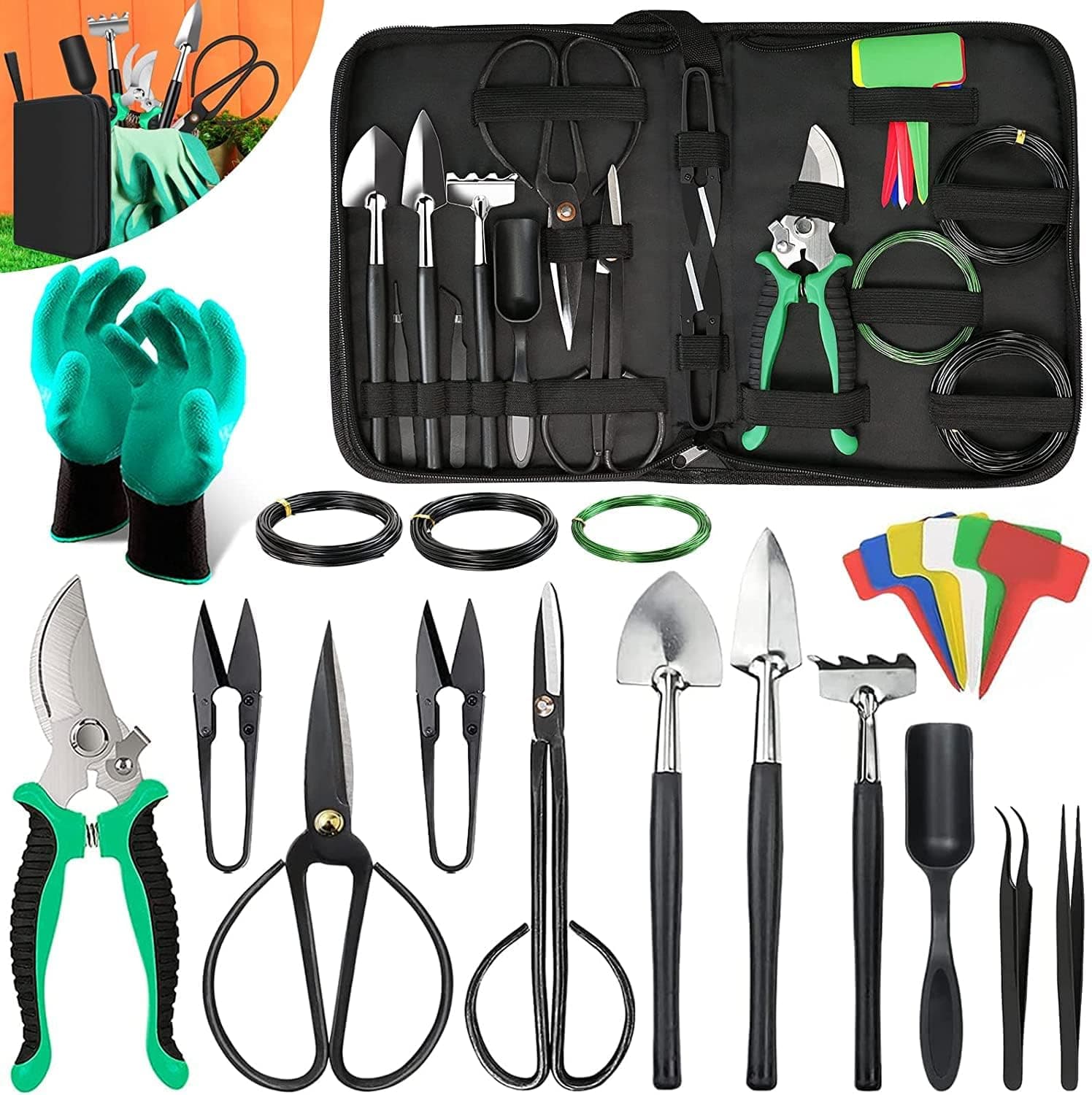 Bonsai Tools Kit - 24 PCS Bonsai Tree Kit Tools for Beginners with Pruning Shears, Scissors and PU Leather Bag