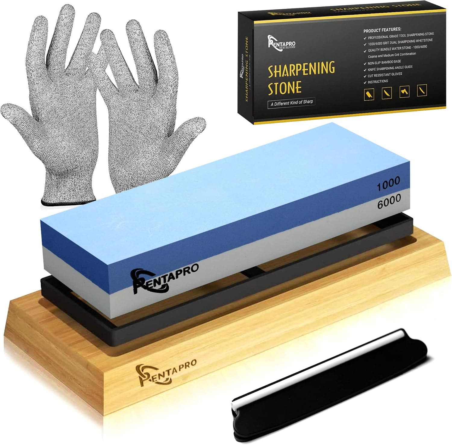Whetstone Knife Sharpening Stone 2 Sided 1000/6000 Grit with Bamboo Base Angle Guide and Cut Resistant Gloves