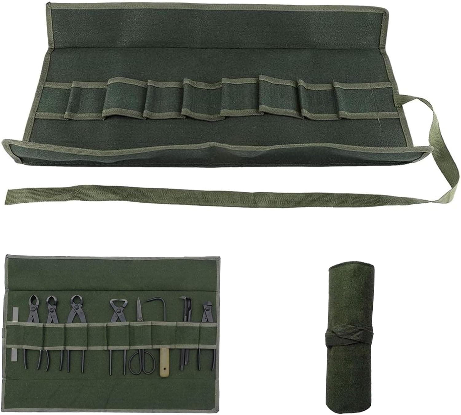 Canvass Bonsai Tool Roll Storage Bag with 10 Pockets Wrench Organizer and Tool Pouch (Green)