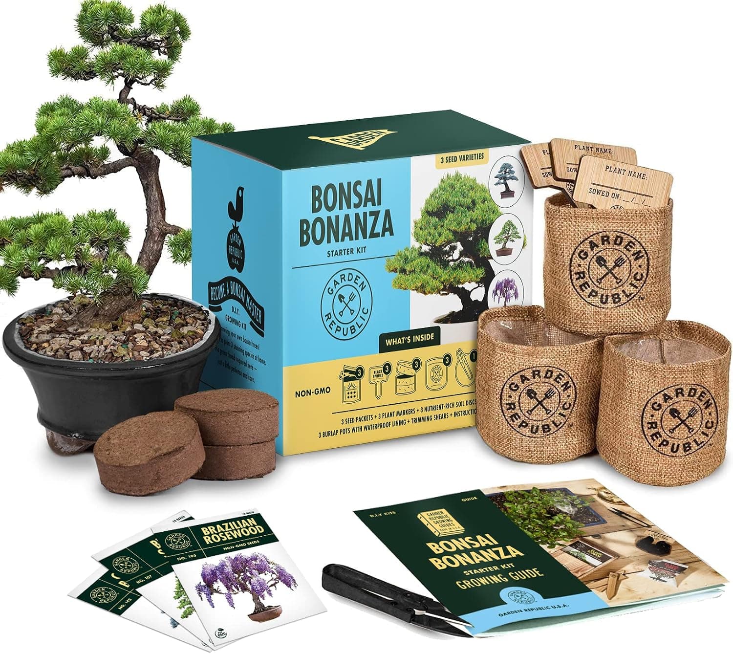 Garden Republic Bonsai Tree Kit - Mini Bonsai Seeds, 3 Types - Starter Kit with Seeds, Soil, Planters and Shears