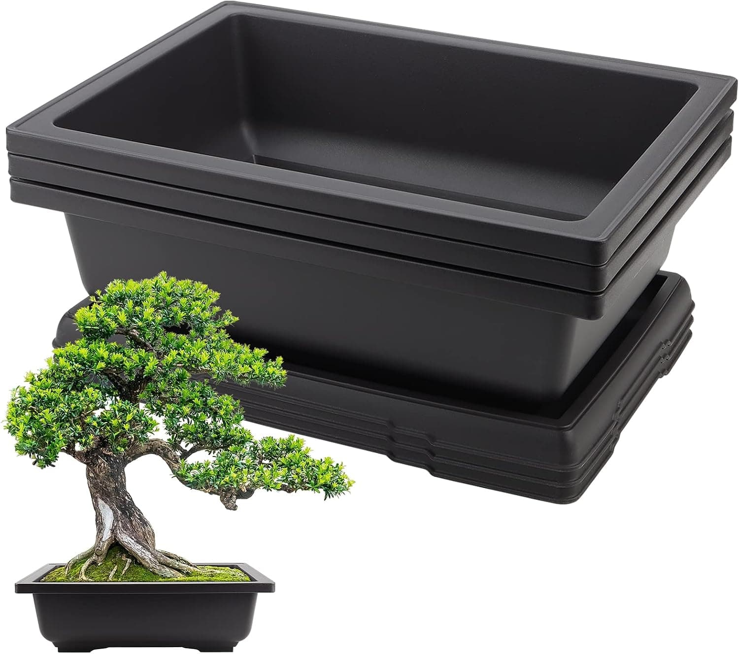 HEIHAK 3 Pack 14 Inch Large Bonsai Pots, Rectangular Built in Mesh Plastic Bonsai Training Pots with Trays