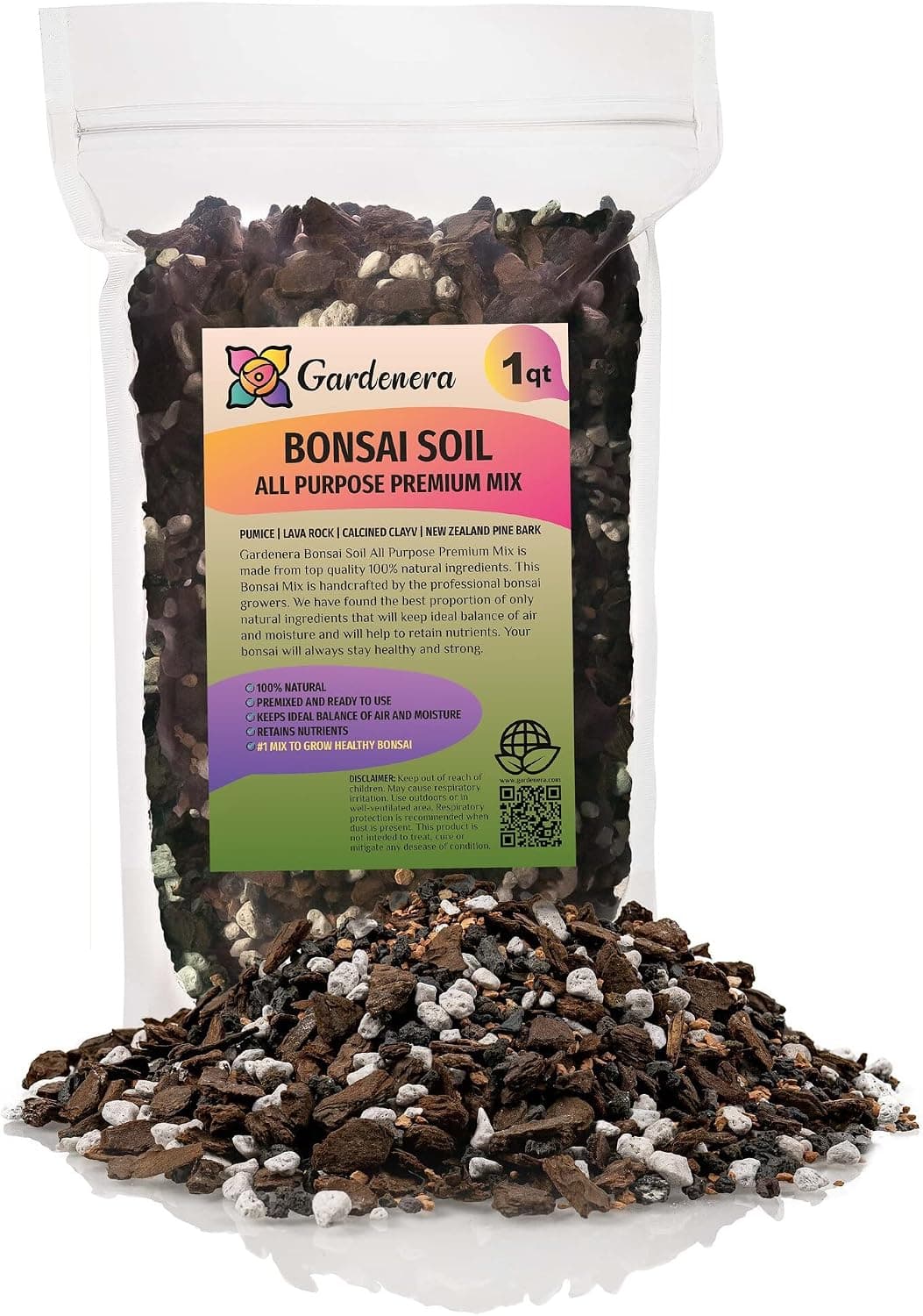 GARDENERA Premium Bonsai Soil All Purpose Fast Draining Mix - 1 Quart - Pumice, Lava, Calcined Clay and Pine Bark
