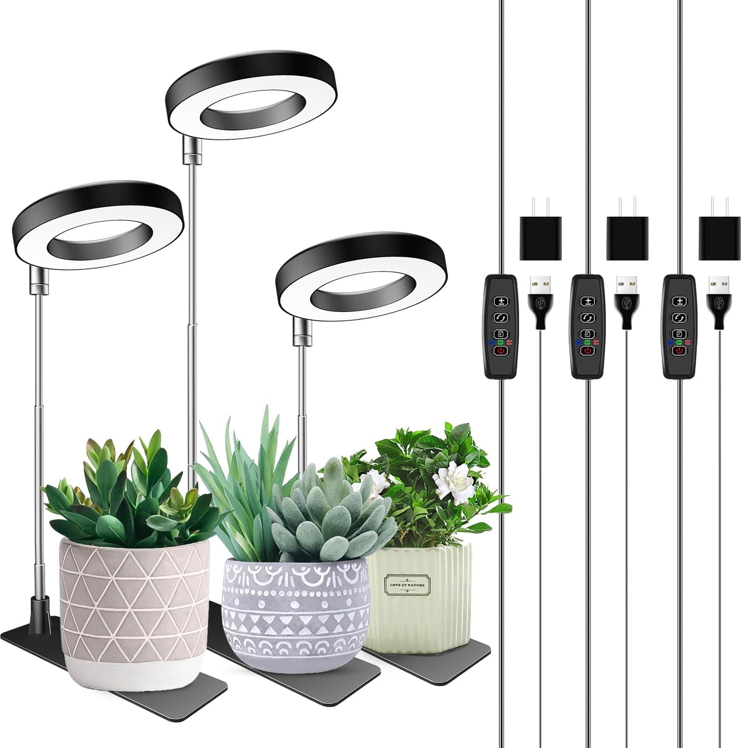 Aokrean Plant Grow Light, 48 LEDs Full Spectrum Halo Grow Light with Base, Auto Timer, 3 Pack