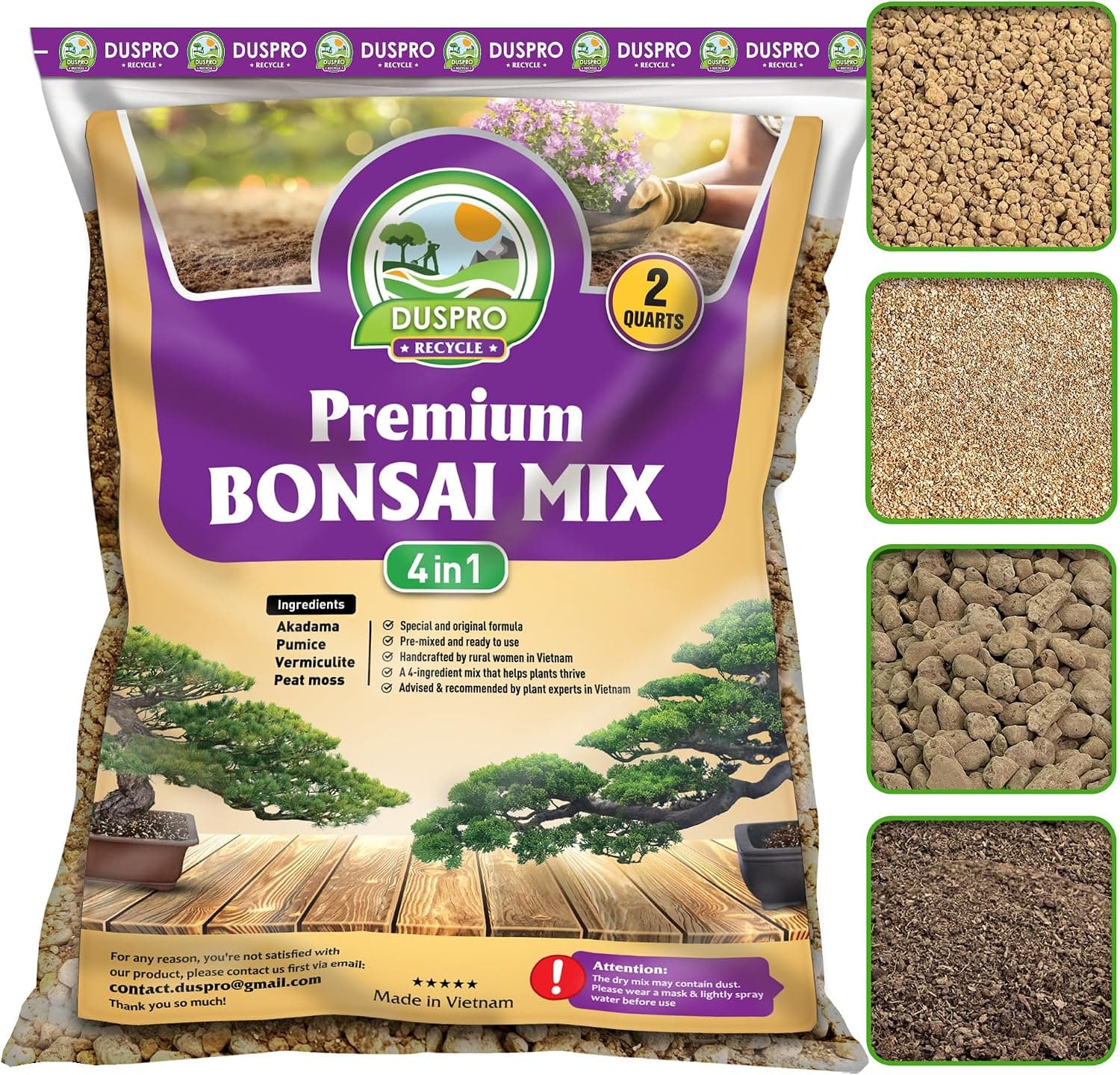 DUSPRO Premium Bonsai Soil Mix Ready to Use Pre-Mixed with Akadama, Pumice, Vermiculite and Peat Moss, 2 Qrt