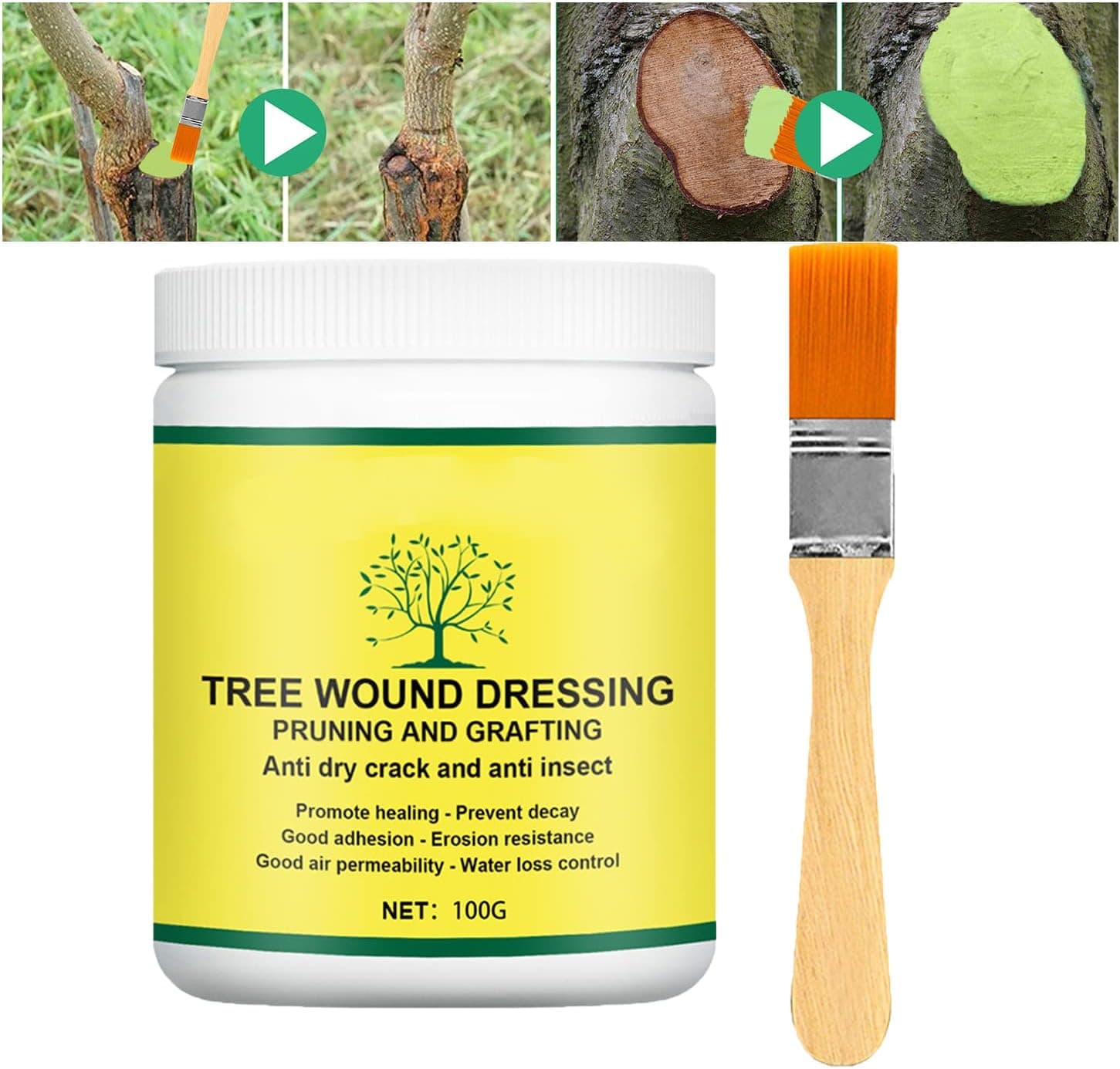 Tree Wound Sealer Healing Paste, Bonsai Cut Paste, Pruning Sealer and Tree Wound Dressing for Trees, Shrubs, Roses (1x100g plus 1 Brush)