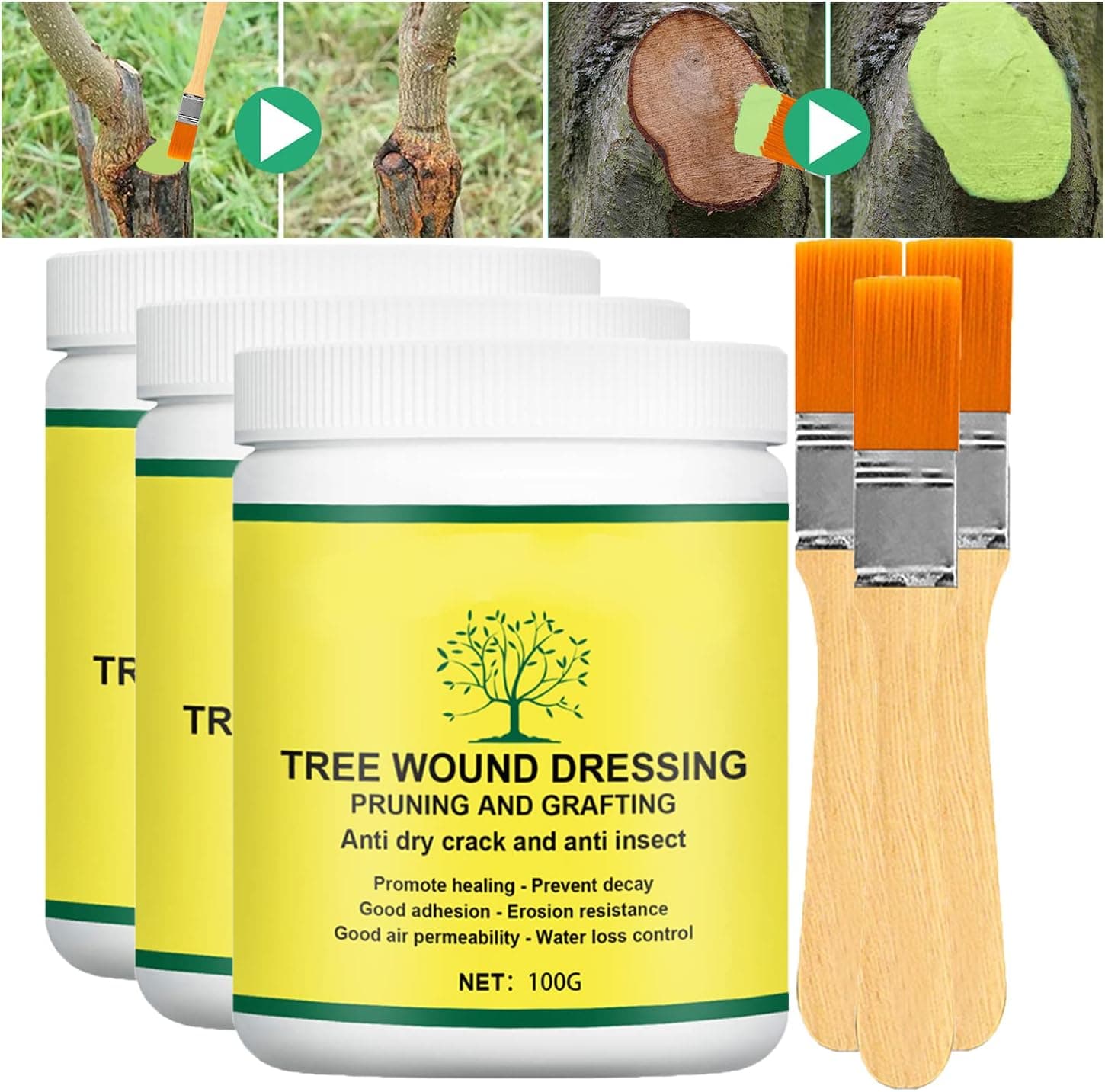 Tree Wound Sealer, Bonsai Cut Paste, Pruning Sealer and Tree Wound Dressing for Plants, Trees, Shrubs, Roses (3x100g plus 3 Brush)