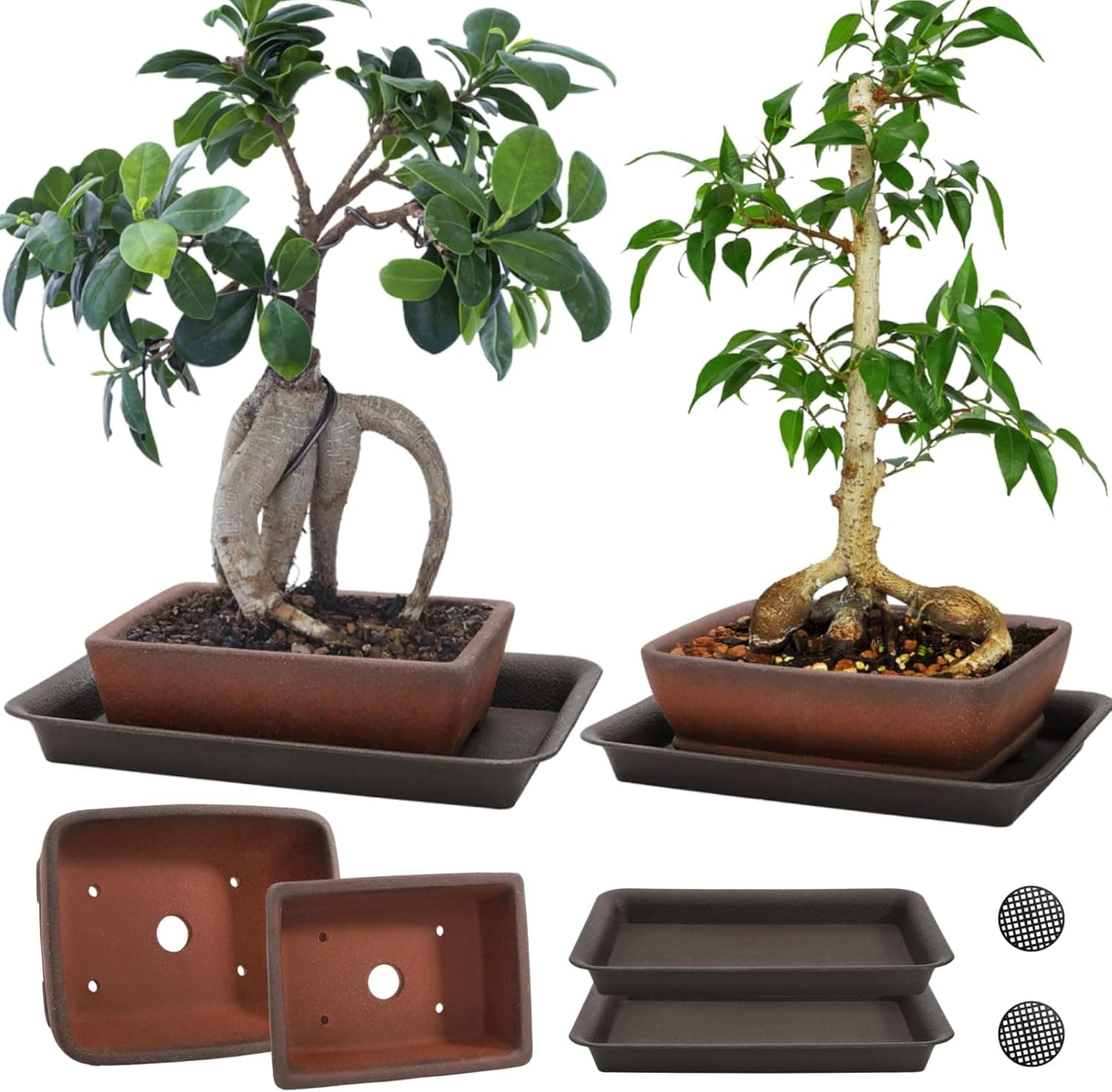 ELFULLY 2 Pack Ceramic Bonsai Pots with Drainage Tray, 6 Inch and 7 Inch Unglazed Rectangle Bonsai Tree Planters