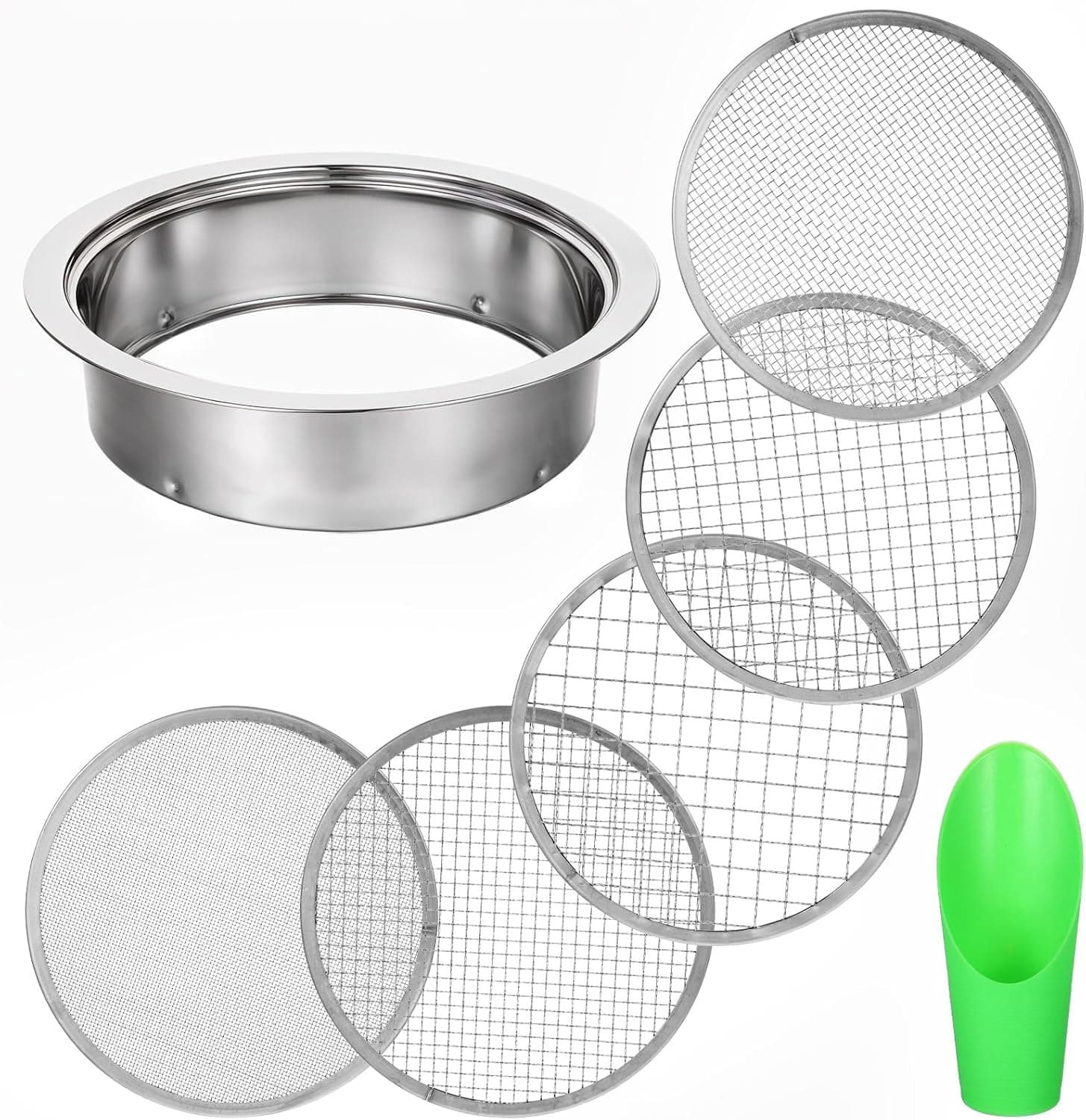 Soil Sieve Set Garden Soils Sifter Stainless Steel Mesh Sifters with 1,3,6,9,12mm Mesh and Bonsai Soil Scoop