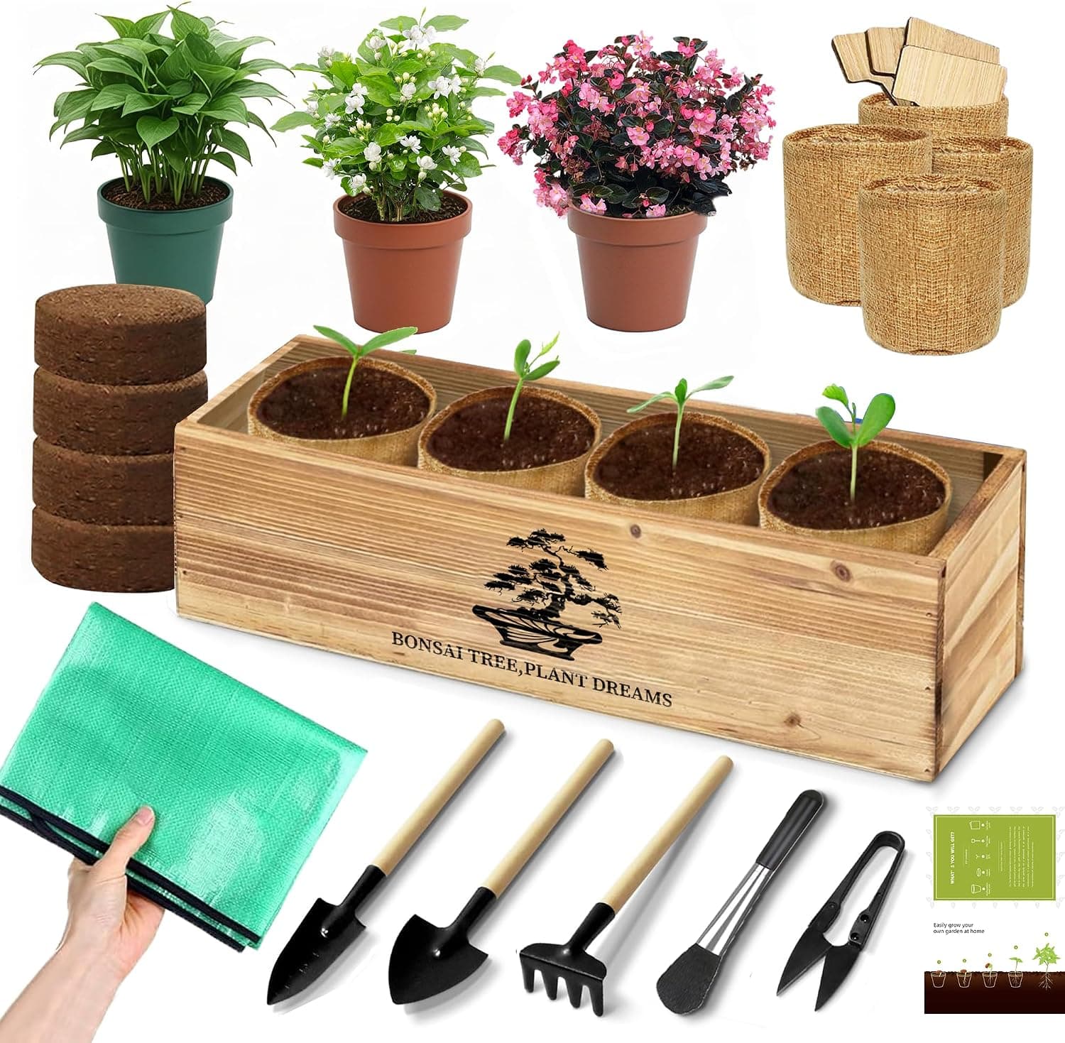 Premium Bonsai Kit - Complete Bonsai Starter Kit with Wooden Gift Box, Repotting Mat, Burlap Pots and Gardening Tools
