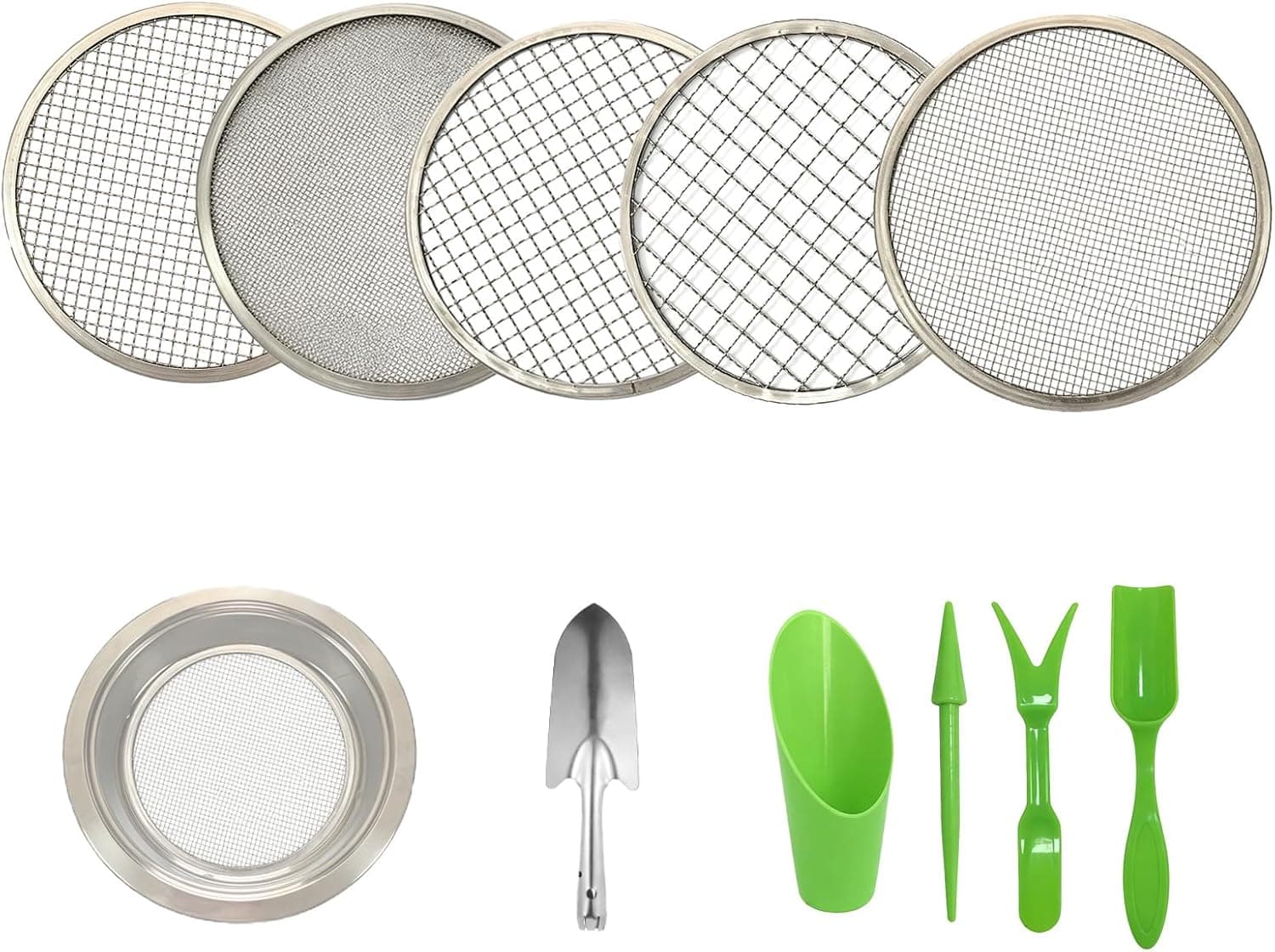 Stainless Steel Soil Sieve Set - 5 Interchangeable Mesh Screens with Bonsai Scoop and Stainless Steel Trowel